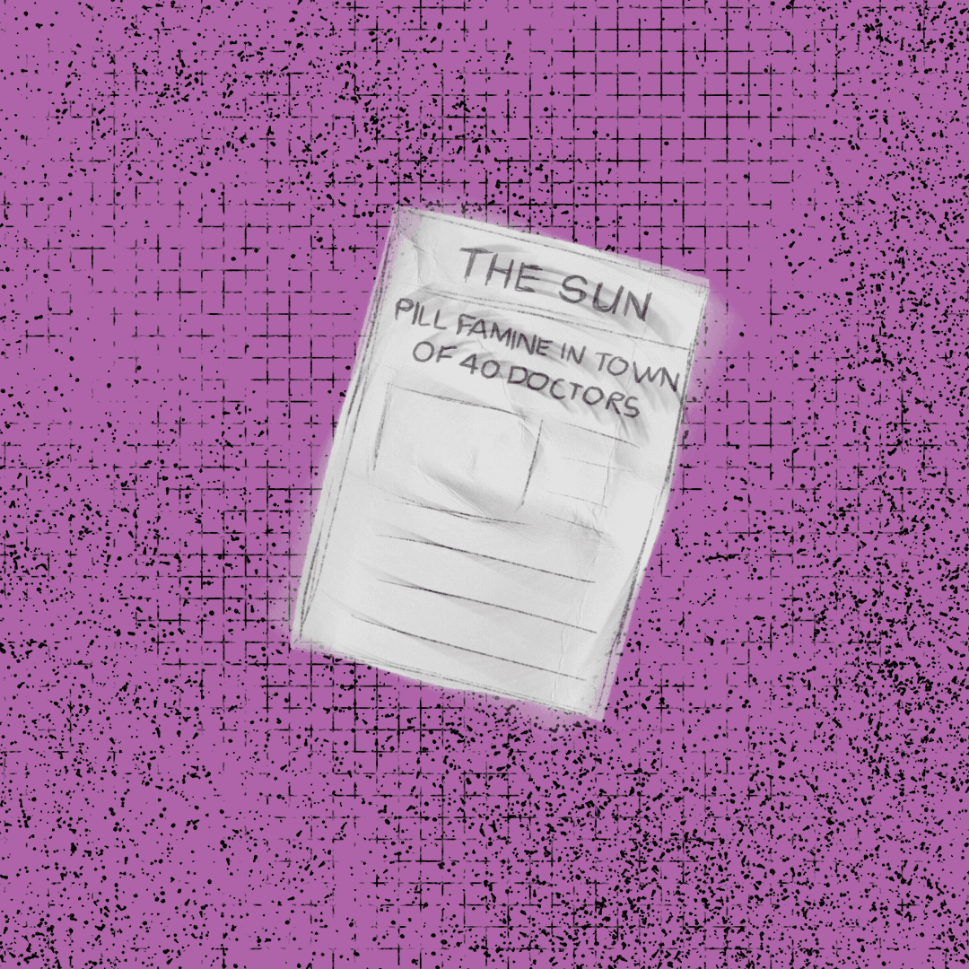 An animation of 'The Sun' newspaper spinning rapidly and stopping. The headline reads: 'Pill Famine in Town of 40 Doctors'.